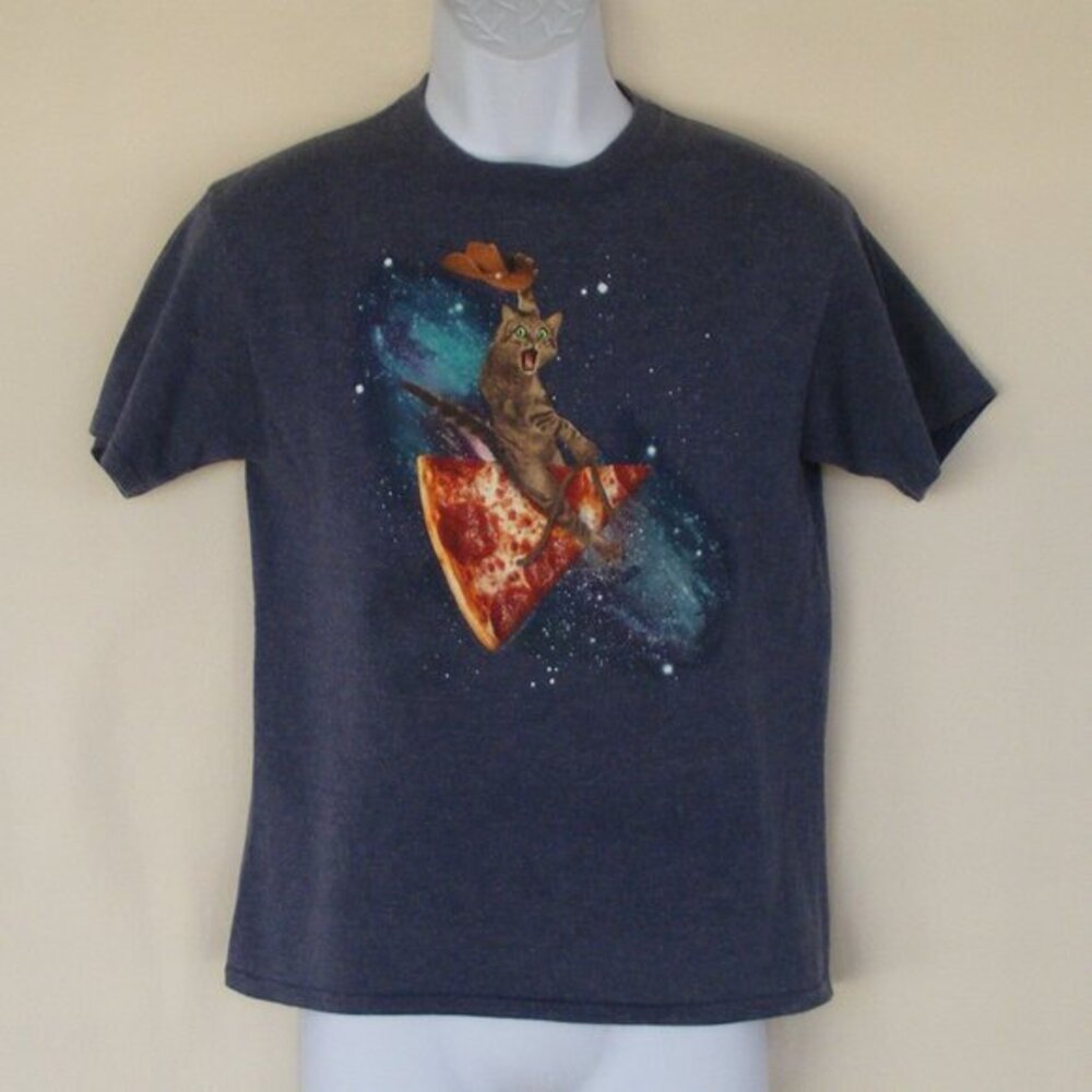 CAT Riding PIZZA in SPACE Tshirt, Youth L/XL, Gray